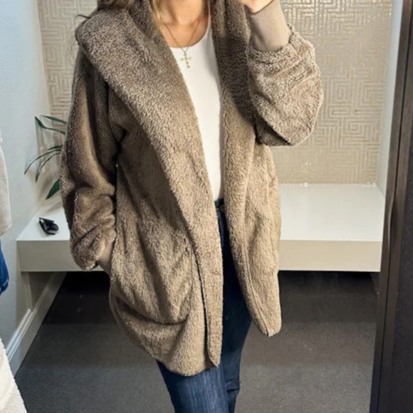 Boutique Sweaters - Cozy Hooded Plush Sweater in Taupe